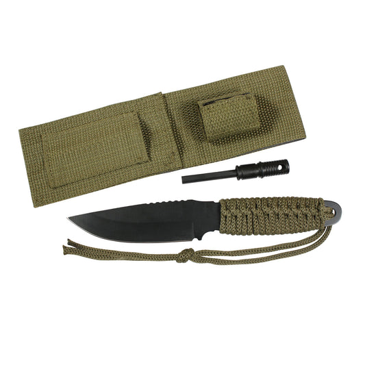 Rothco's Paracord Knife With Fire Starter measures 8" total length and features 420 Stainless Steel Black 3.5" Blade, the handle is wrapped with Paracord and durable Polyester Sheath with hook & loop handle Strap. Rothco’s survival knife also features a 3 1/8" magnesium fire starter and convenient storage pouch attached to the sheath, which makes the survival knife an essential part of your Bug Out Bag or camping trip.