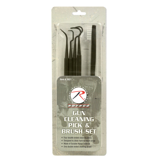 Rothco's Gun Cleaning Pick and Brush Set is a kit of 4 nylon picks and a polypropylene brush. Each pick is double ended with different shapes and grips. Each pick has a hexagon shape for grip. www.defenceqstore.com.au