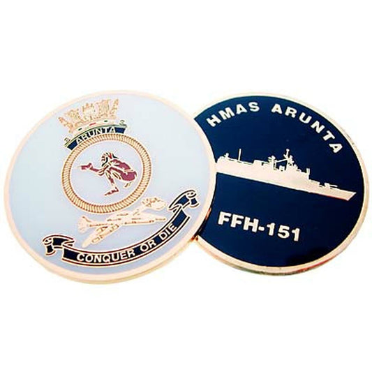 HMAS Arunta medallion. This spectacular 48mm full colour enamel medallion with the ships crest on the front and ships profile on the revers, will start conversations wherever you show it or hand it out.