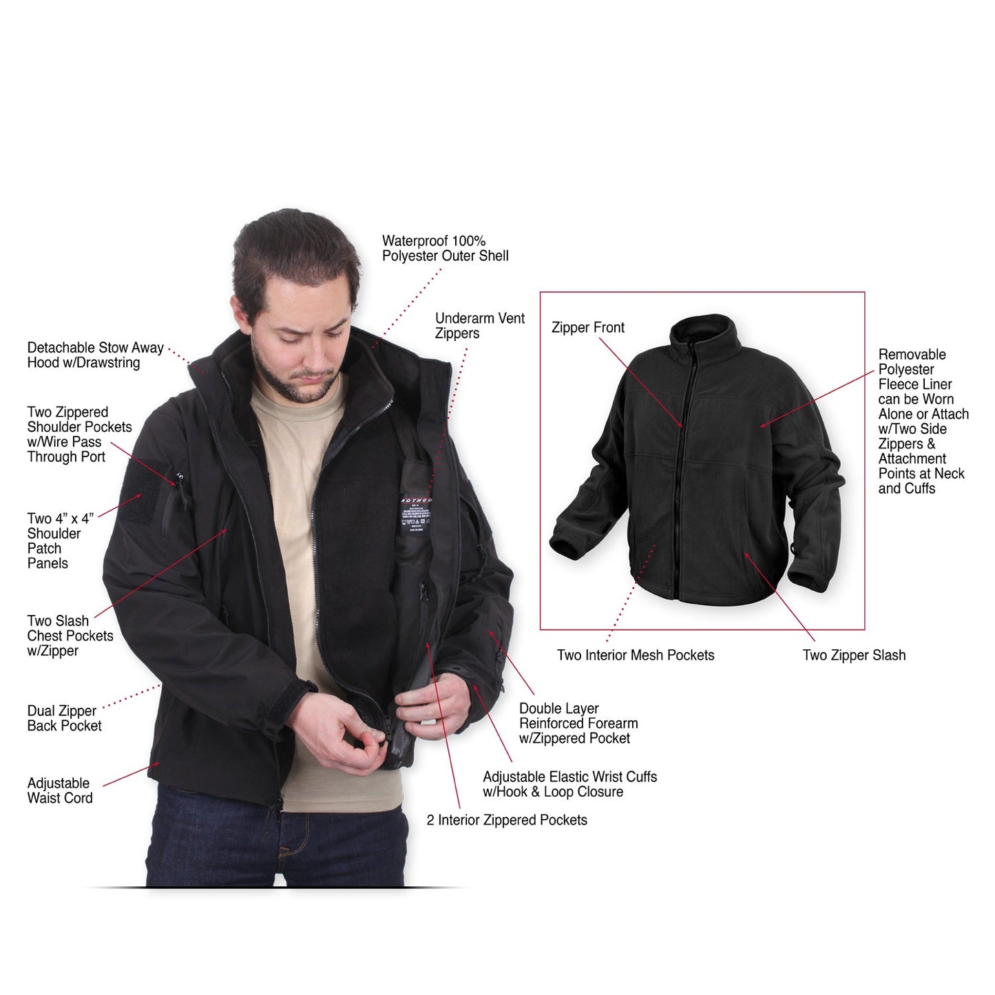 Rothco’s 3-in-1 Special Ops Soft Shell Jacket features a three-layer outer shell construction and removable inner fleece layer, making it three jackets in one! This complete all-weather tactical jacket deflects wind, wicks away moisture, and retains heat to keep you warm and dry.