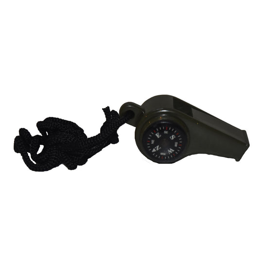 3 in 1 Whistle, Compass & Thermometer.  Great for it the top of the kit bag or travel kit.  Colour: Olive