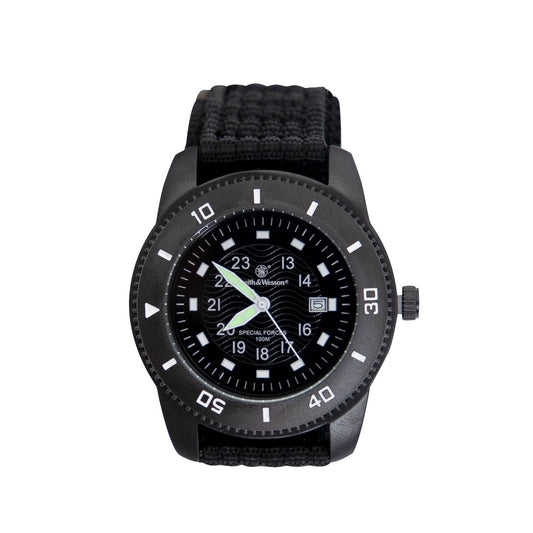 The Smith & Wesson Commando Watch is water resistant up to 3 ATM/ 30 meters/ 99 ft.