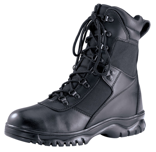 Rothco's 8 Inch Forced Entry Waterproof Tactical Boot is perfect for everyday use and tactical needs. Moisture Wicking And Waterproof Technology In A Tactical Design Speedlaces With Rustproof Hardware And Waterproof Leather Nylon Upper Leather Collar And Steel Shank Gusseted Tongue And Slip Resistant Cup Sole