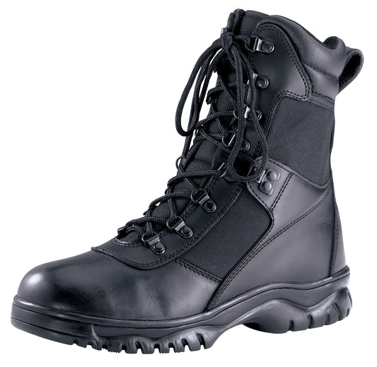 Rothco's 8 Inch Forced Entry Waterproof Tactical Boot is perfect for everyday use and tactical needs.   Moisture Wicking And Waterproof Technology In A Tactical Design Speedlaces With Rustproof Hardware And Waterproof Leather Nylon Upper Leather Collar And Steel Shank Gusseted Tongue And Slip Resistant Cup Sole