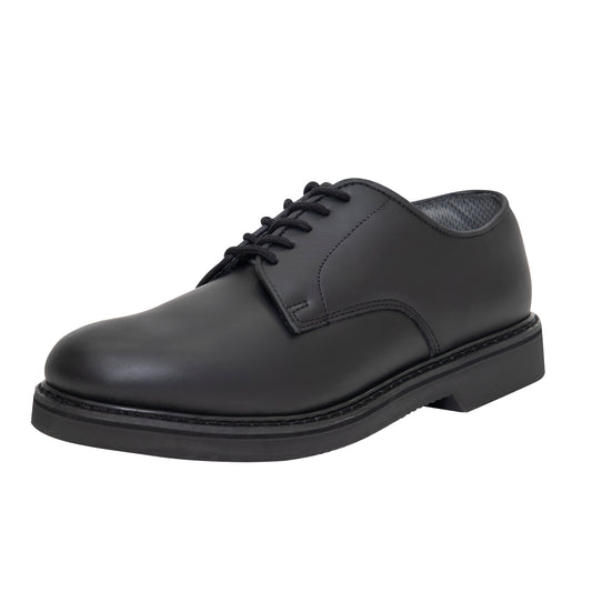 Enhance your military apparel collection with Rothco’s Oxford Leather Shoes. Leather Military Uniform Oxfords Slip And Oil Resistant Outsole For Greater Traction Removable Cushion Insole For Added Comfort Fully Stitched Sole And Steel Shank Moisture Absorbing Cambrelle Lining Keep Your Feet Dry Traditional Goodyear Welt Provides Improved Durability And Lifespan