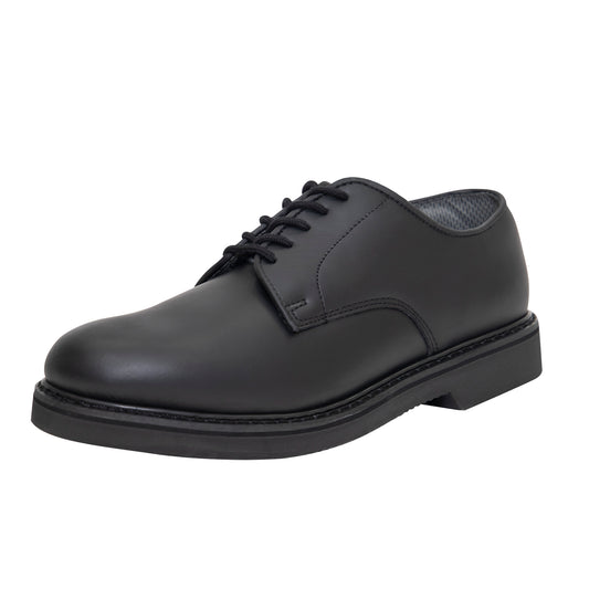   Enhance your military apparel collection with Rothco’s Oxford Leather Shoes.      Leather Military Uniform Oxfords     Slip And Oil Resistant Outsole For Greater Traction     Removable Cushion Insole For Added Comfort     Fully Stitched Sole And Steel Shank     Moisture Absorbing Cambrelle Lining Keep Your Feet Dry     Traditional Goodyear Welt Provides Improved Durability And Lifespan