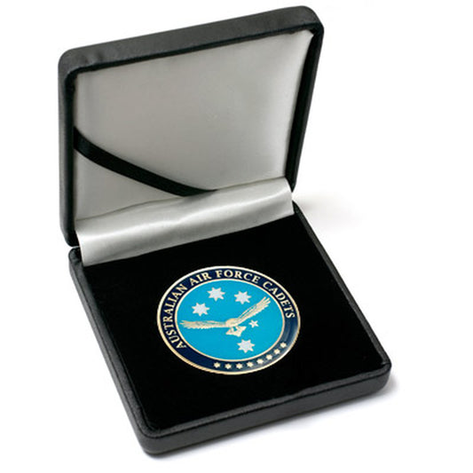 Superb Australian Air Force Cadet (AAFC) 48mm medallion presented in a leather look gift box. Order now and present your next medallion in style.