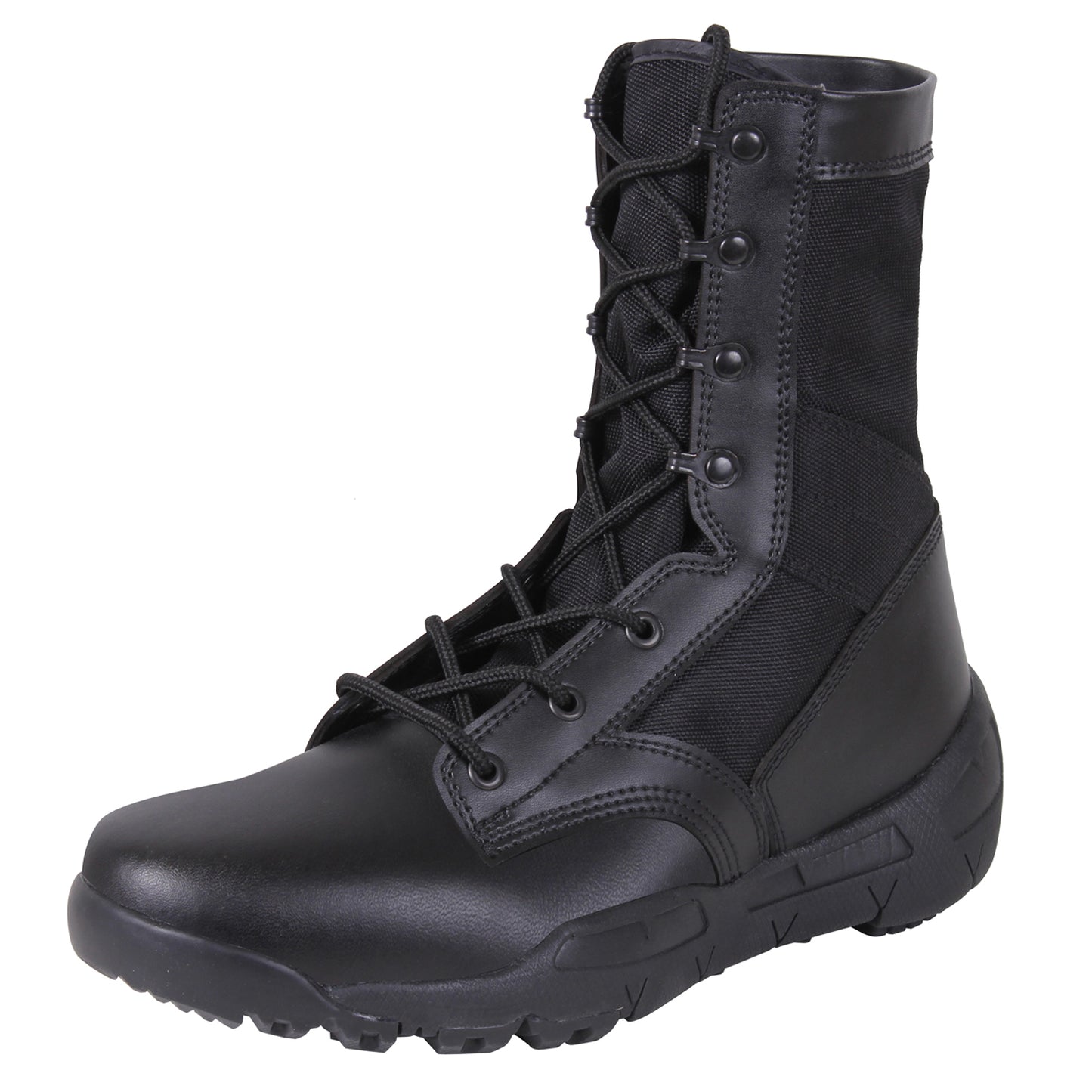 Rothco’s V-Max Lightweight Tactical Boot is the optimal choice for an all-purpose military-style boot.      Military-Style 8 ½” Cross Training Boot Is Designed With The Comfort And Support Of A Running Shoe     The V-Max Lightweight Boot Interior Contains A Removable EVA Insole And 2 Screen Air Vents To Keep Your Feet Cool     Rubber And EVA Outsole Provides Improved Traction While You Are On The Move     Iron Eyelet Lace System Will Keep Your Tactical Boots Tightly Secured
