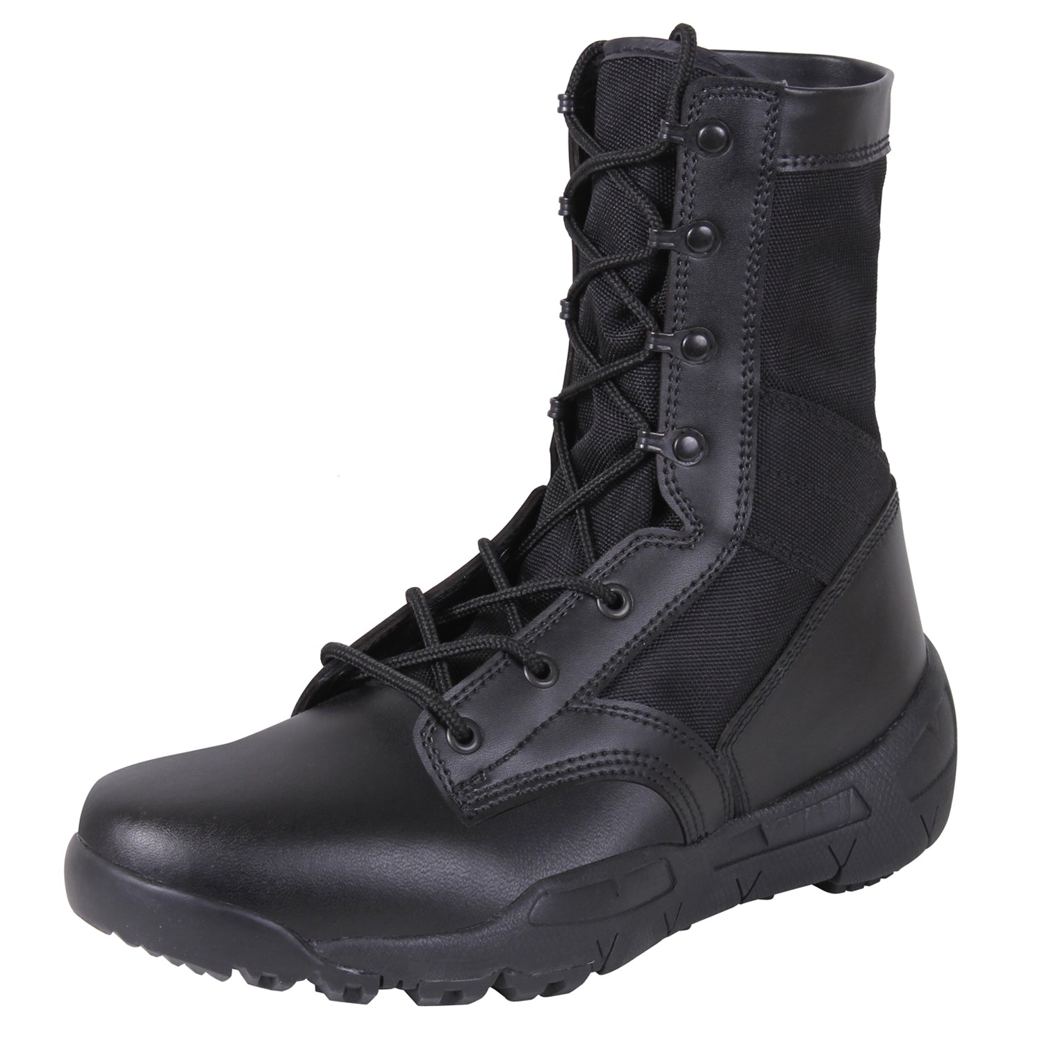 Rothco’s V-Max Lightweight Tactical Boot is the optimal choice for an all-purpose military-style boot.      Military-Style 8 ½” Cross Training Boot Is Designed With The Comfort And Support Of A Running Shoe     The V-Max Lightweight Boot Interior Contains A Removable EVA Insole And 2 Screen Air Vents To Keep Your Feet Cool     Rubber And EVA Outsole Provides Improved Traction While You Are On The Move     Iron Eyelet Lace System Will Keep Your Tactical Boots Tightly Secured
