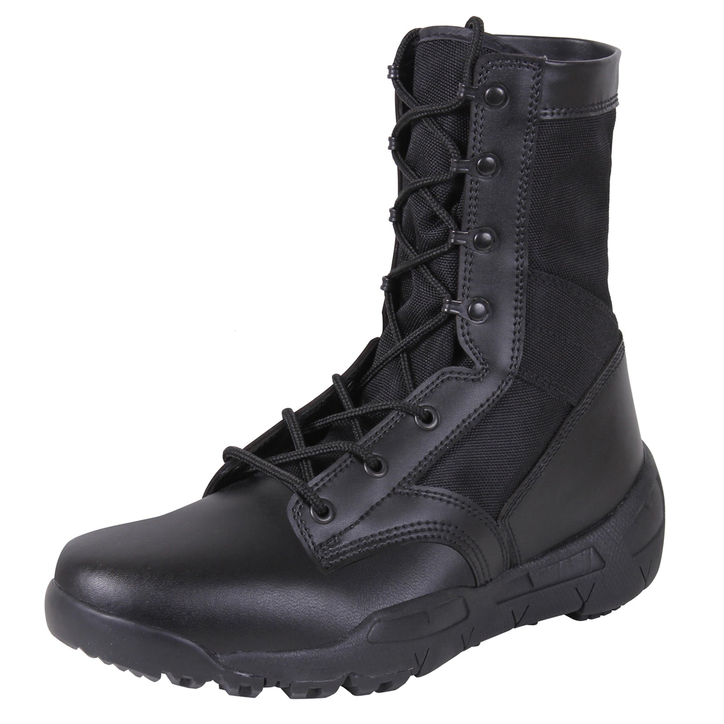   Rothco’s V-Max Lightweight Tactical Boot is the optimal choice for an all-purpose military-style boot.      Military-Style 8 ½” Cross Training Boot Is Designed With The Comfort And Support Of A Running Shoe     The V-Max Lightweight Boot Interior Contains A Removable EVA Insole And 2 Screen Air Vents To Keep Your Feet Cool     Rubber And EVA Outsole Provides Improved Traction While You Are On The Move     Iron Eyelet Lace System Will Keep Your Tactical Boots Tightly Secured