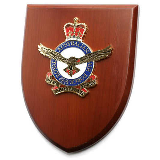 An Exceptional Air Force Plaque order now. This beautiful plaque features a 100mm full colour enamel crest set on a 200x160mm timber finish shield. Presented in a stylish silver gift box with form cut insert this is the perfect gift or award for your next presentation.