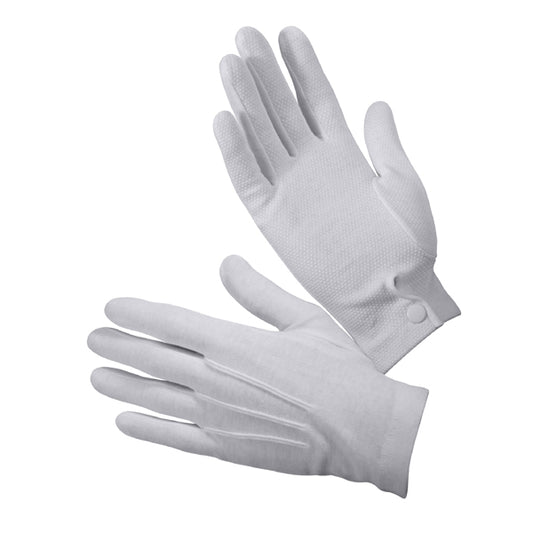      Enhanced Uniform Parade Gloves With Rubberized Dots On The Palms And Finger For A Better Grip     Great For Use With Your Dress Uniform     Ornamental Stitching     Standard Length Beaded Gloves     The 100% Cotton Gloves Are Washable For Easy Maintenance     Snap Closure For A Perfect Fit     Great gloves for air force cadets, Navy cadets and army cadets