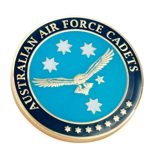 Australian Air Force Cadet (AAFC ) medallion. Displayed on a presentation card. This spectacular 48mm full colour enamel medallion will start conversations wherever you show it or hand it out.
