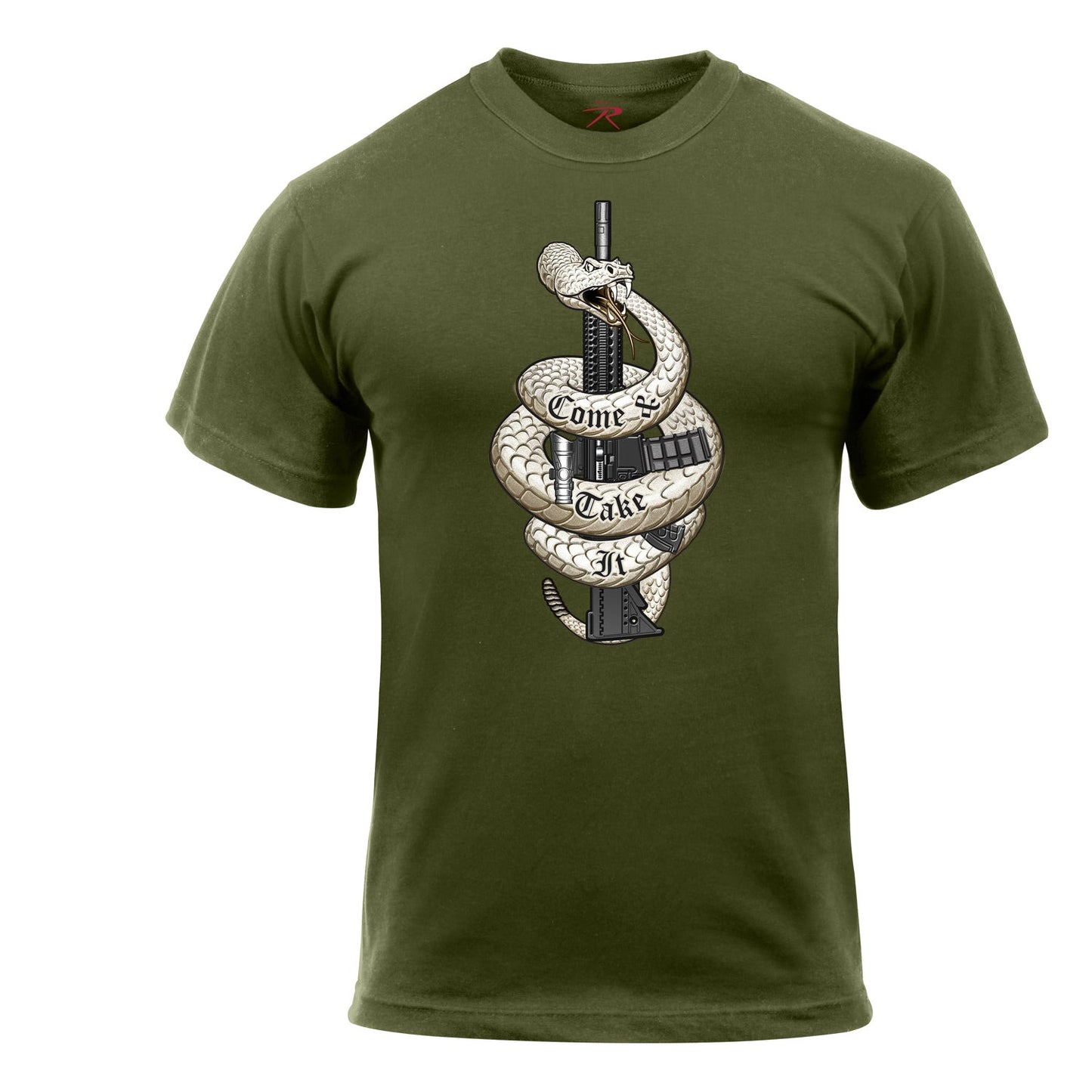 Rothco’s Come & Take It T-Shirt includes the historical slogan “Come And Take It”, first used by a Spartan King as a statement of defiance. Detailed Image Of A Snake And Rifle With Text “Come & Take It” Are Printed On The Front Of This Firearm T-Shirt Come And Take It Graphic T-Shirt Is Constructed With A Cotton Polyester Blend For A Winning Combination Of Unbeatable Comfort And Rugged Durability Gun Graphic Tee Features A Tag-Less Label www.defenceqstore.com.au