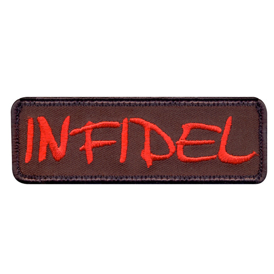 Infidel Morale Patch with hook backing and pairs perfectly with any of our hook & loop accessories including our Special Ops Jacket and or Tactical Vests.  Infidel Morale Patch Measures 10.5X3.3CM Hook Backing