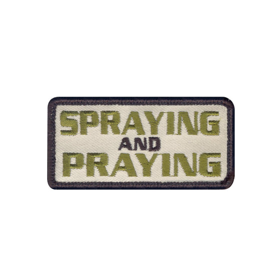 Spraying & Praying Morale Patch features hook backing making it ideal to attach with our Spec Ops Tactical Jackets, Operator Caps, and Tactical Vests.  SIZE: 7.8X4.1CM