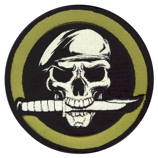 Military Skull & Knife Patch with hook backing pairs perfectly with any of our hook & loop accessories including our Special Ops Jacket and or Tactical Vests.  SIZE: 8.5CM www.defenceqstore.com.au