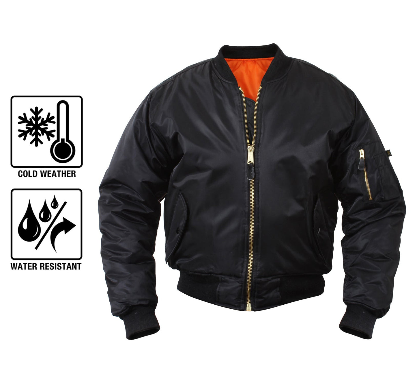 Rothco's MA-1 Flight Jacket features a fully reversible rescue orange polyester lining, and a 100% nylon water repellent outer shell to give a classic bomber jacket look