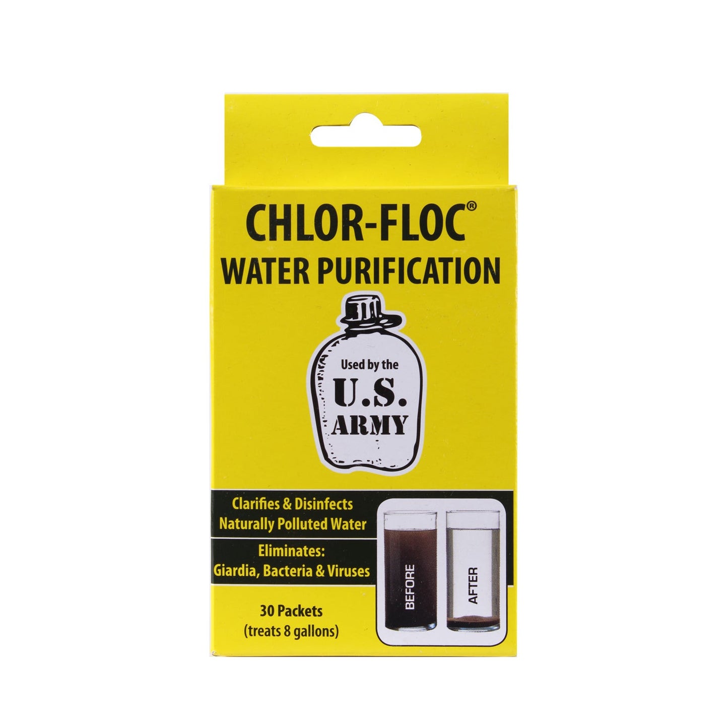 Ensure Safe Drinking Water with Military Grade Water Purification Powder. Chlor Floc Military Water Purification Powder Packets eliminate Giardia, most bacteria viruses, other harmful microorganisms, and sediment. Great for military personal, campers, and preppers.