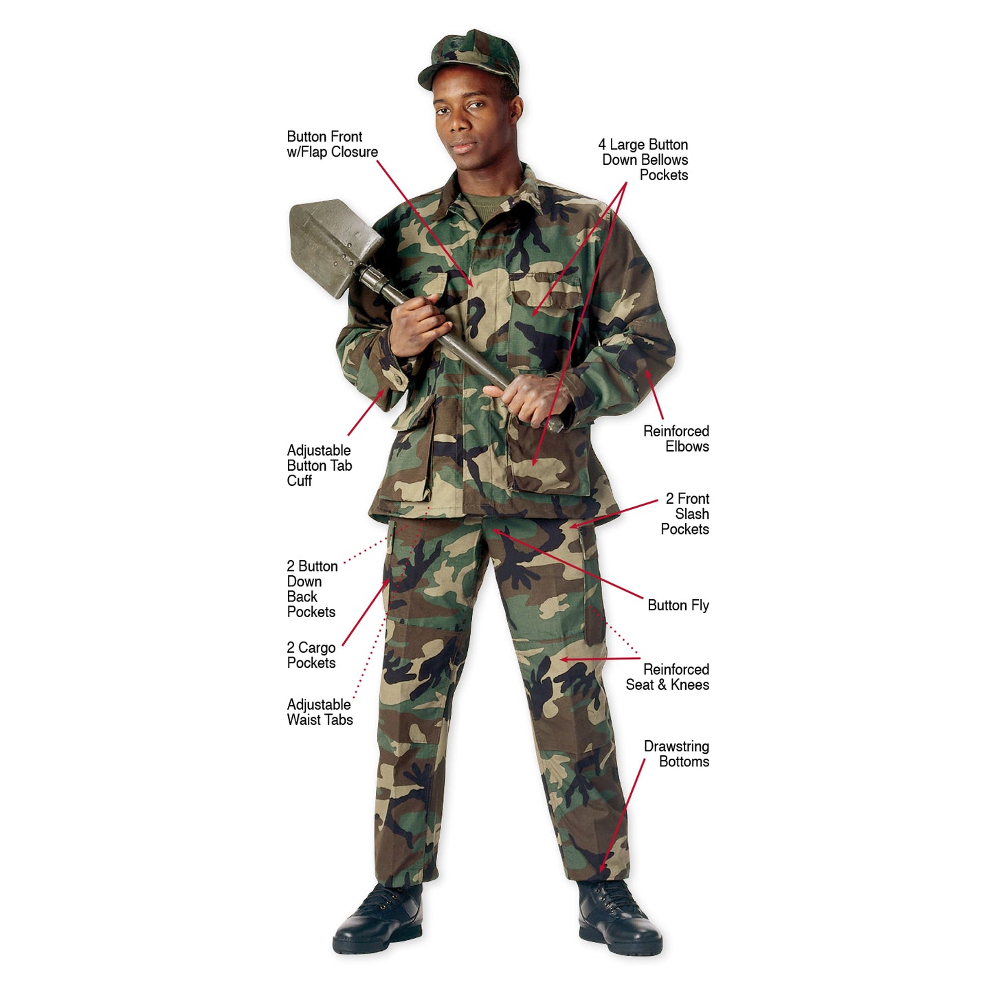 Rothco’s Camo Tactical BDU Pants are made for comfort and built for combat. Camo BDU Pants Are Built To Withstand Wear And Tear With Long-Lasting 55% Cotton / 45% Polyester Material Reinforced Seat And Knees Provide Unparalleled Resiliency While Shooting, Working Or Performing Any Outdoor Task