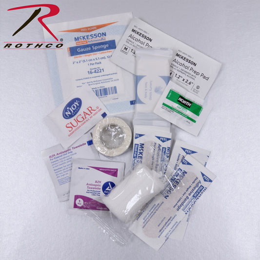 Rothco’s Military Zipper First Aid Kit includes 20 essential first aid medical supplies and can be stored right on your belt for swift access while on the go.   