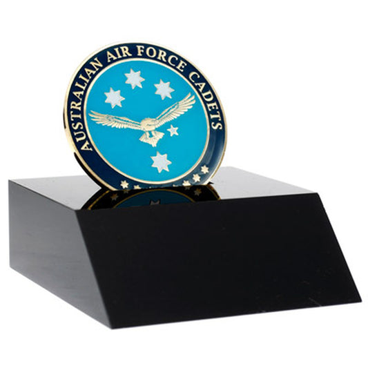 Superb Australian Air Force Cadet (AAFC) 48mm medallion presented in a black acrylic desk stand. Order now, the stand allows the medallion to sit freely and is presented in a form cut gift box making it perfect for awards, presentations or that special gift.