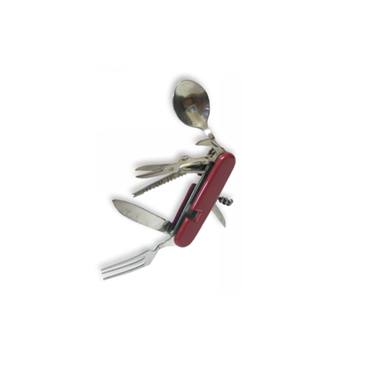 This is a replica 8 function swiss fork, spoon army knife that consist of a fork, reamer, scissors and can/bottle opener on one side as well as a knife, spoon, saw and cork screw on the other. When the fork, spoon and knife are out it pulls apart into 2 pieces however closes as one tool. 2 pieces when fork and spoon are in use Folds up as one compact tool Stainless steel www.defenceqstore.com.au