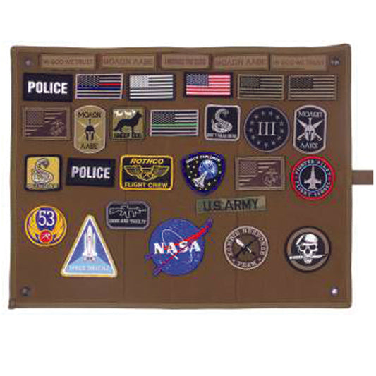   Hanging Roll-Up Morale Patch Board is perfect for the person looking to store and or display their morale patches.       Roll Up Loop Field Has Been Designed To Display Morale Patches     600 Denier Polyester For Lightweight Easy Carry And Storage     24" W X 18.5" L     Hook And Loop Strip To Secure When Rolled Up     Rolls Up For Maximum Storage And Portability     Patches Not Included