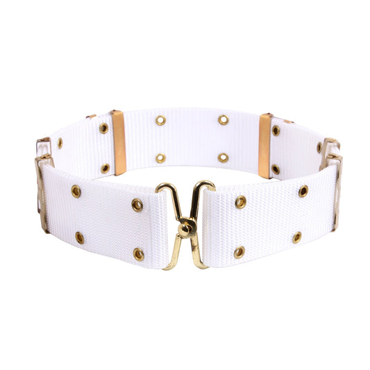 White Ceremonial Belt With Metal Buckles is constructed with a durable poly yarn with hook and eye closure.  Dimensions: 48 inches x 2.25 inches Material: Polyester, Metal Buckle: Gold, Brass www.defenceqstore.com.au