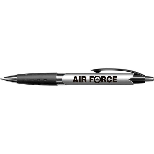 Air Force branded retractable plastic and metal ball pen with a metallic barrel and a soft rubber grip. It has a blue refill with 1200 metres of writing ink. Great promotional pen ideal for conferences and events