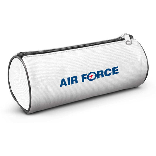 Air Force branded large round pencil case manufactured from 600D polyester and comes with a foam padded inner lining and a zippered closure. Great promotional gift for for anyone who carries stationery.  Dimensions L 192mm x Dia 84mm