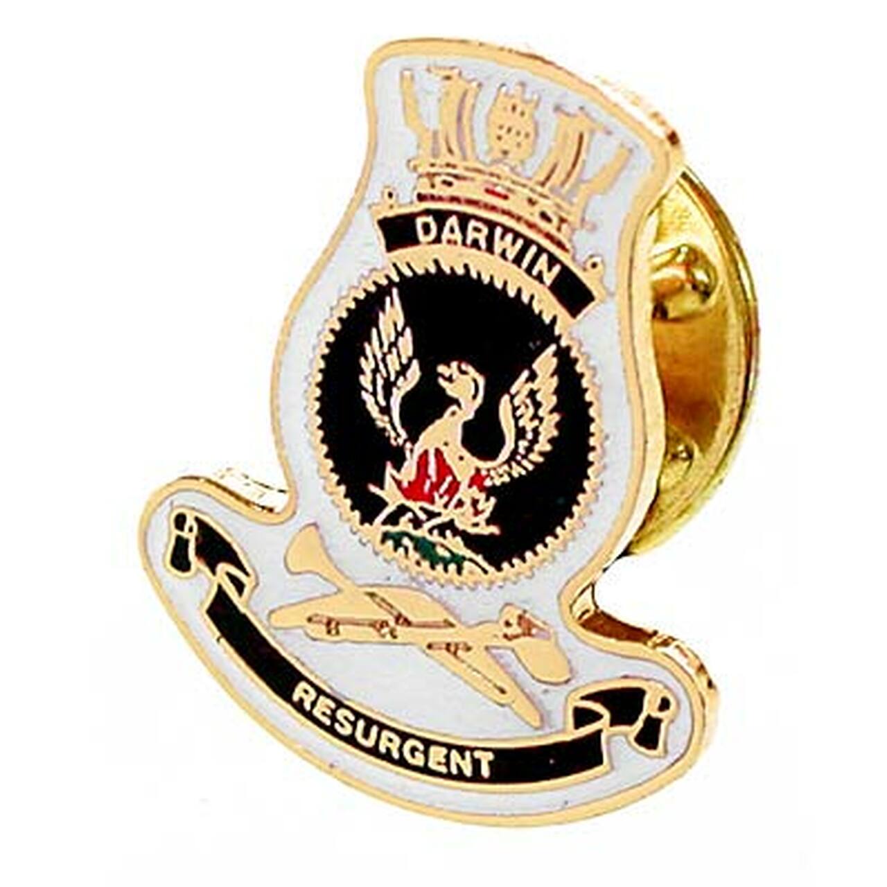 HMAS Darwin 20mm full colour enamel lapel pin. This beautiful gold plated lapel pin will look great on both you jacket or on your cap.