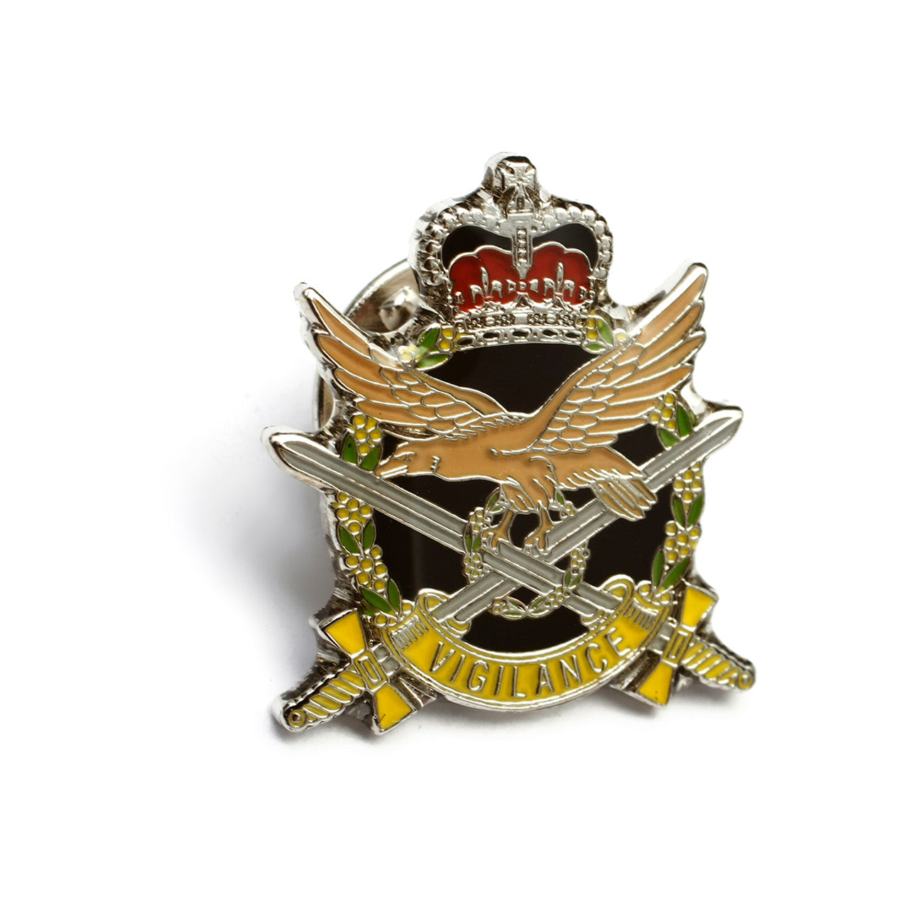 The Australian Army Aviation Corps (AAAvn) 20mm full-colour enamel lapel pin. Displayed on a presentation card. This beautiful silver-plated lapel pin will look great on both your jacket and your cap. Specifications: Material: Silver-plated zinc alloy, enamel fill Colour: Silver, black, yellow, green Size: 20mm www.defenceqstore.com.au