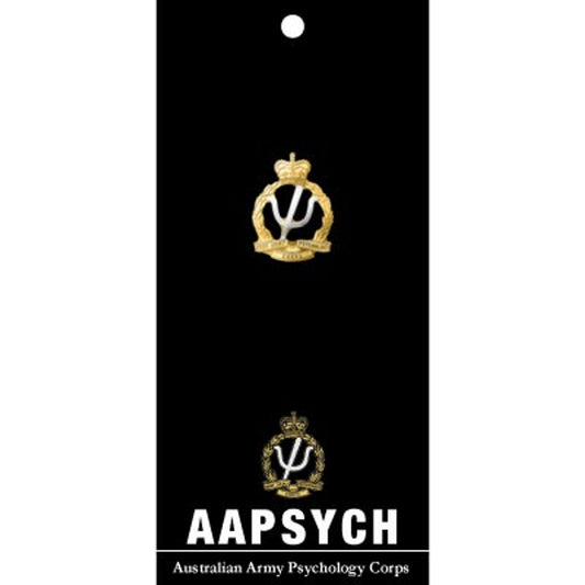 Australian Army Psychology Corps (AA PSYCH) 20mm full-colour enamel lapel. Displayed on a presentation card, this beautiful gold-plated lapel pin looks great on both jackets or caps. Add this lapel pin to your collection today.  Specifications:  Material: Full-colour enamel, gold-plated zinc alloy Colour: Black, gold, silver Size: 20mm www.defenceqstore.com.au