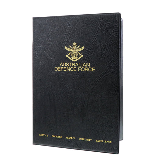 Black heavy grain leather look certificate folder with two plastic pockets on the inside cover. ADF Badge and 2020 values printed in gold foil.