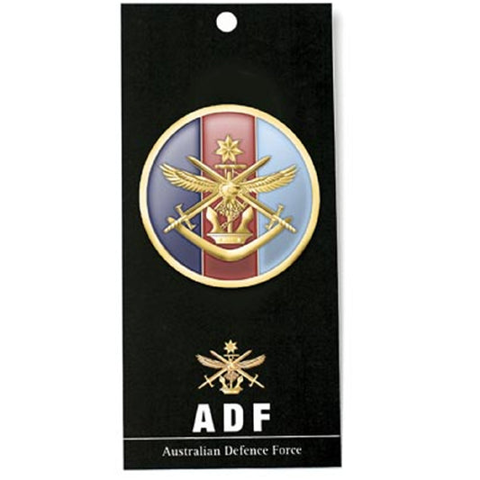The Australian Defence Force (ADF) medallion.  Displayed on a presentation card with a brief history of the ADF. This spectacular 48mm gold plated enamel medallion will start conversations wherever you show it or hand it out.  Specifications:  Material: Full-colour enamel Colour: Gold, blue, red Size: 48mm
