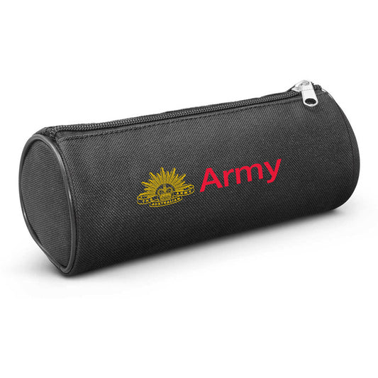 Army branded large round pencil case manufactured from 600D polyester and comes with a foam padded inner lining and a zippered closure. Great promotional gift for for anyone who carries stationery.  Dimensions L 192mm x Dia 84mm.