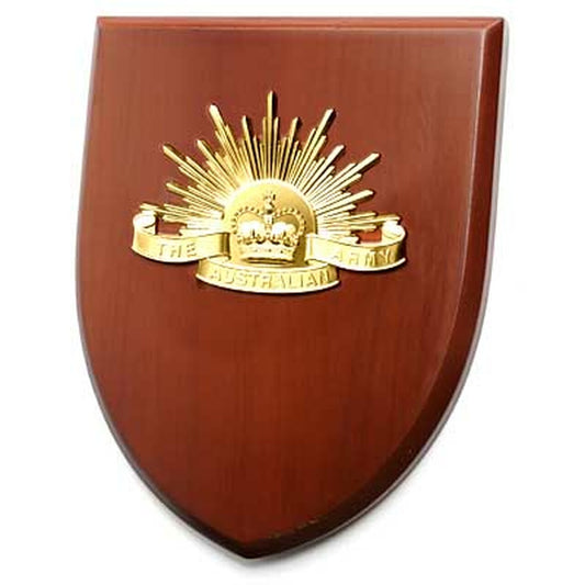This beautiful plaque features a 100mm full colour enamel crest set on a 200x160mm timber finish shield. Presented in a stylish silver gift box with form cut insert this is the perfect gift or award for your next presentation. www.defenceqstore.com.au