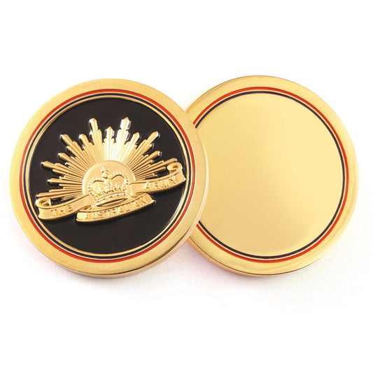 This distinctive 50mm presentation medallion features the Rising Sun badge against a midnight black enamel background with red and blue border detail. The high-polish brass finish makes it an ideal gift, presentation item or challenge coin to share Army's identity and heritage.