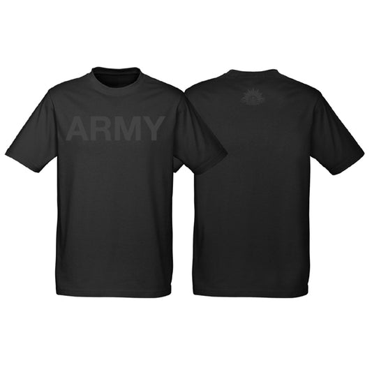 The Australian Army branded T-Shirt, order now from the military specialists. Features tone-on-tone ARMY screen-printing with Rising Sun badge on the back. Supersoft combed cotton for maximum comfort.  Specifications:      Materials: 100% cotton     Colour: Black     Size: S - 2XL