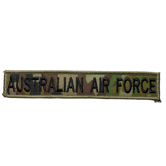 Australian Air Force Patch in various colours for a bit of fun.  Some units are still using auscam, others are using GPU but we had the idea to come up with a range of fun options as well.   Size is 2.5cm x 15cm, lettering is 1.5cm in height. www.defenceqstore.com.au