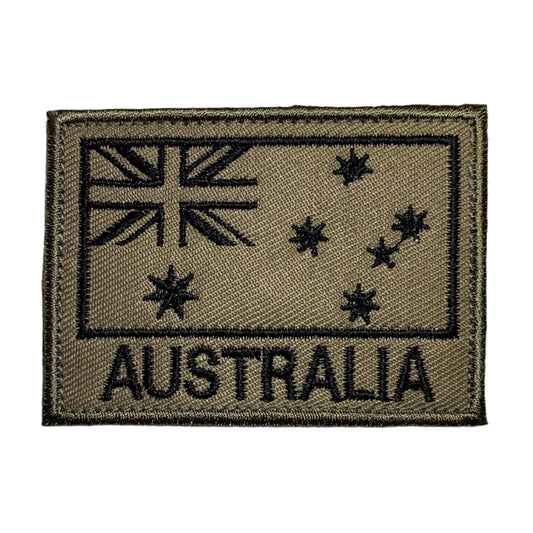 Australian Flag Tan Patch  Comes with hook and loop  Size: 7cm x 5cm  www.defenceqstore.com.au