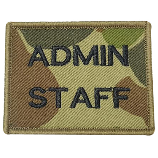 Admin Staff Patch in various colours for a bit of fun.  We had the idea to come up with a range of fun options as well.   Size is 7.5cm x 5.5cm  This style can be used Brassards for fun but also great for personal patch collections and if you need a different material or colour thread send us an email and we can do it for you. www.defenceqstore.com.au