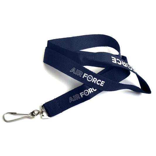 This branded Air Force 20mm lanyard is available now. A perfect promotional product or item for events, this lanyard features a metal swivel clip to make sure you don't lose your important tags. This navy-coloured lanyard features a white Air Force logo and a safety breakaway.  Specifications:  Materials: Fabric, metal clip Colour: Navy blue, white Size: 20mm (width) www.defenceqstore.com.au