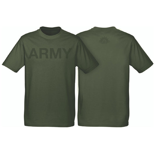 Australian Army branded T-Shirt. Features tone-on-tone 'ARMY' screen-printing with Rising Sun badge on back. Supersoft combed cotton for maximum comfort.  *Text appears darker in photo*  Specifications:      Materials: 100% Cotton     Colour: Army Green     Size: S - 2XL