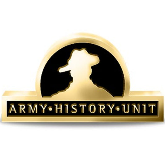 The Army History Unit 20mm full-colour enamel lapel pin. Displayed on a presentation card. This beautiful gold-plated lapel pin will look great on both your jacket and your cap.   Specifications:  Material: Gold-plated zinc alloy, enamel fill Colour: Black, gold Size: 20mm www.defenceqstore.com.au