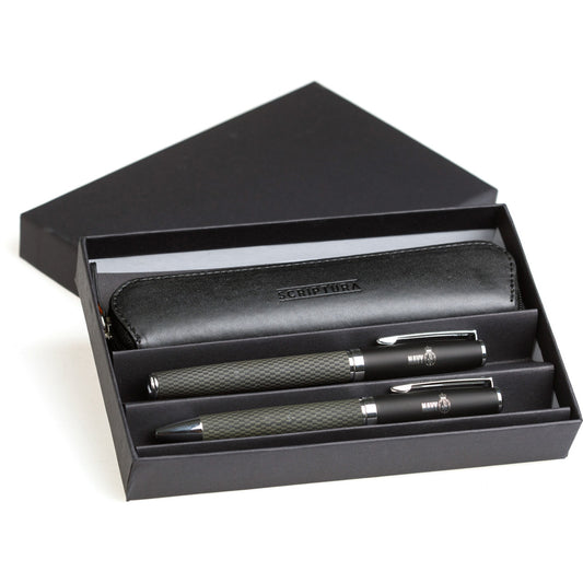 This exclusively designed and Navy branded pair of metal ballpoint and rollerball pens are finished in printed carbon fibre. Packed in a quality gift box and including a quality protective pouch. Perfect gift for special occasions.