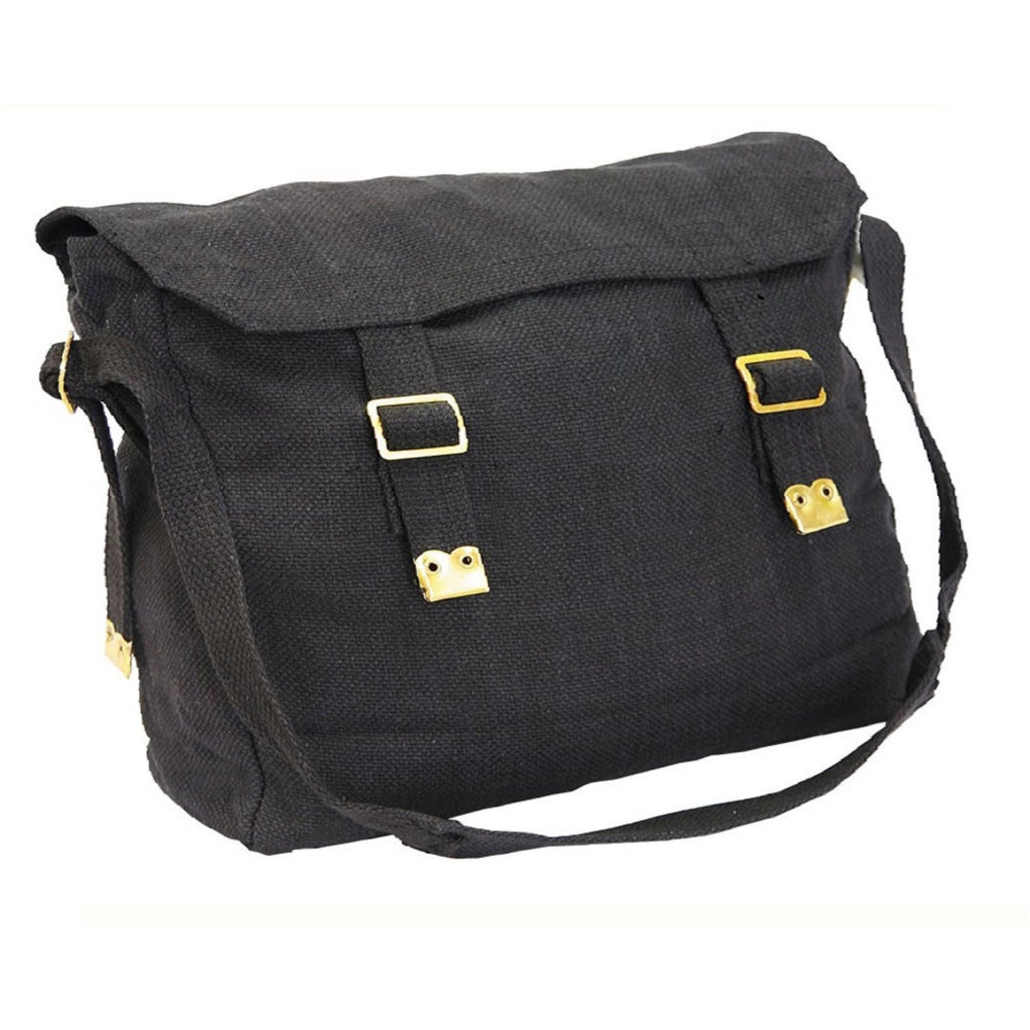 Made from heavy duty cotton canvas Brass buckles and fittings Adjustable shoulder straps and closure Lightweight and compact