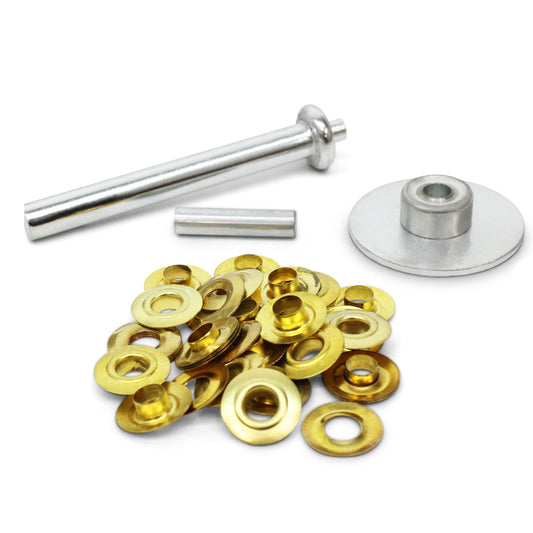 This Brass eyelet kit is great for adding grommets.   Ideal for use with canvas, tarps and other such materials.       20 Grommets     Cutting tool     Die     Insert Punch www.defenceqstore.com.au