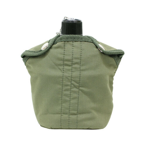 Water canteen - Aluminium GI canteen with cover Aluminium bottle Olive drab cover Rear strap and clip for belt attachment Lid chain